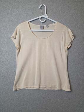 Cullen 100% Silk Beige SS Scoop Neck Fine Knit Blouse Women's Medium